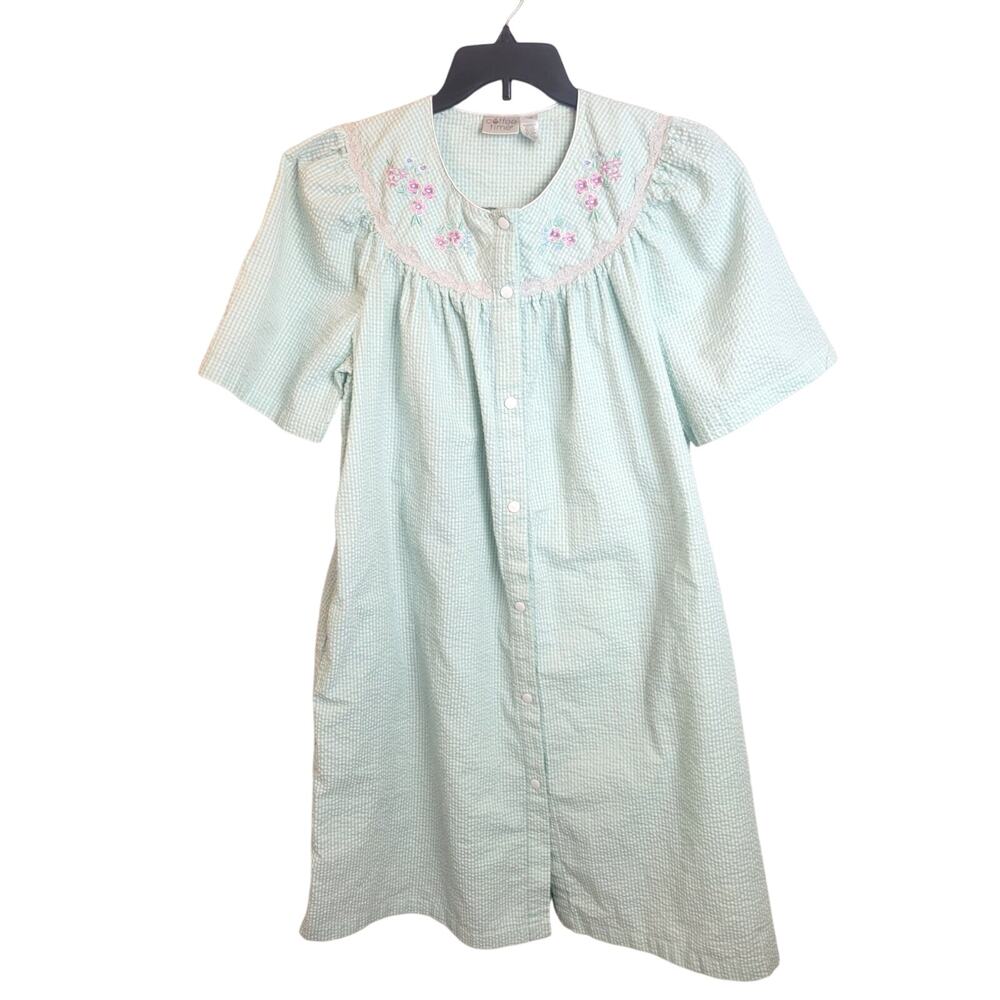 Vintage Coffee Time‎ Robe Snap Down Seersucker Women's Medium Green Striped